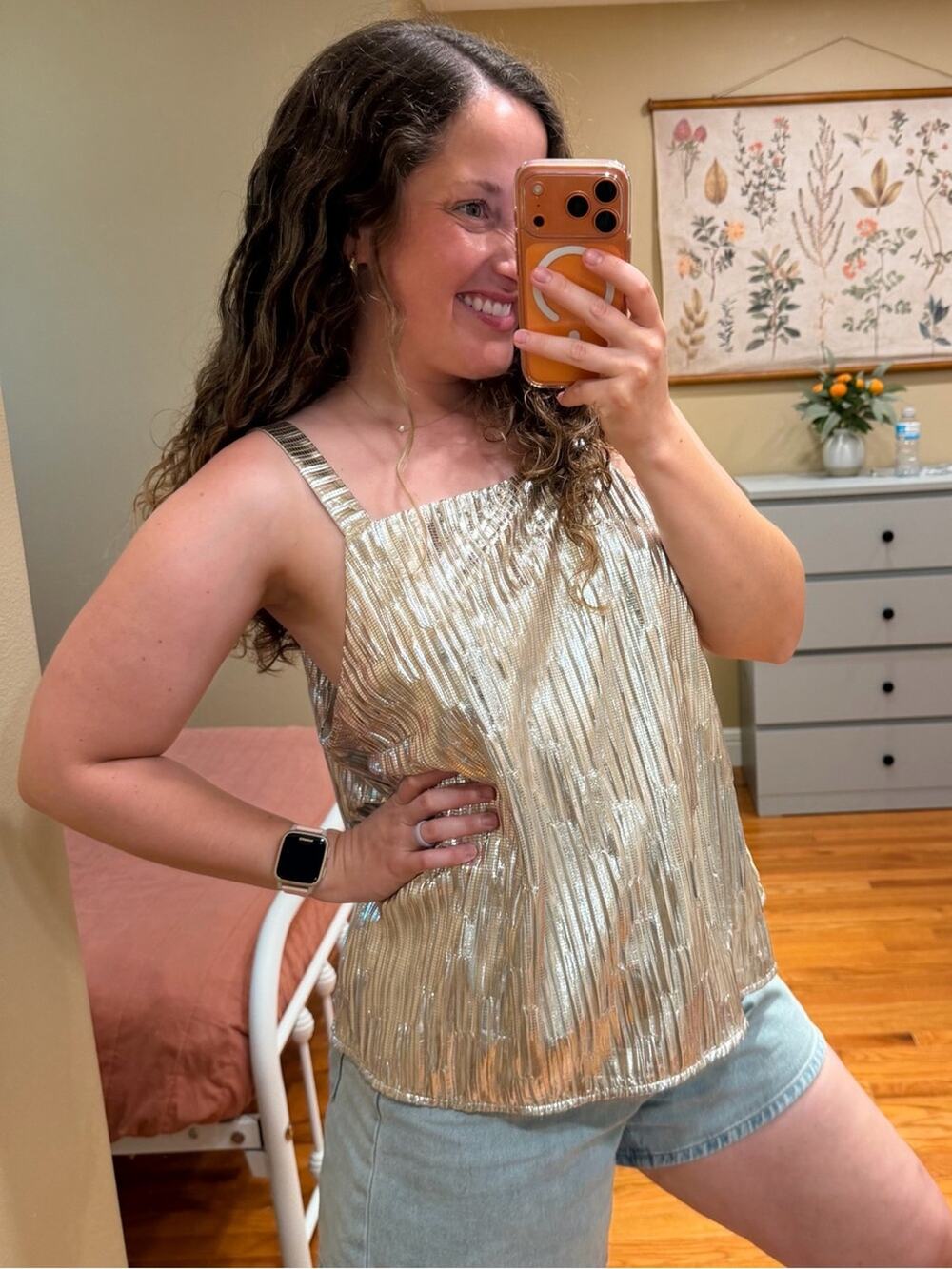 Anthropologie Maeve Metallic Pleated Gold Sleeveless Top XL